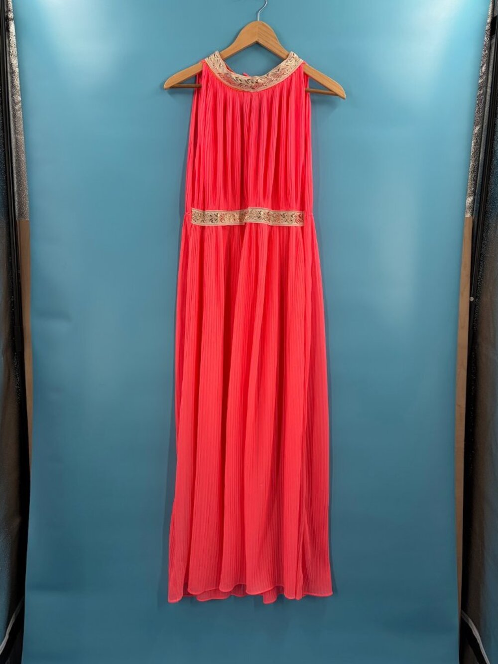 Bright Coral Vintage 60s Halter Top Gown Accordian Pleating Gold Ribbon Trim